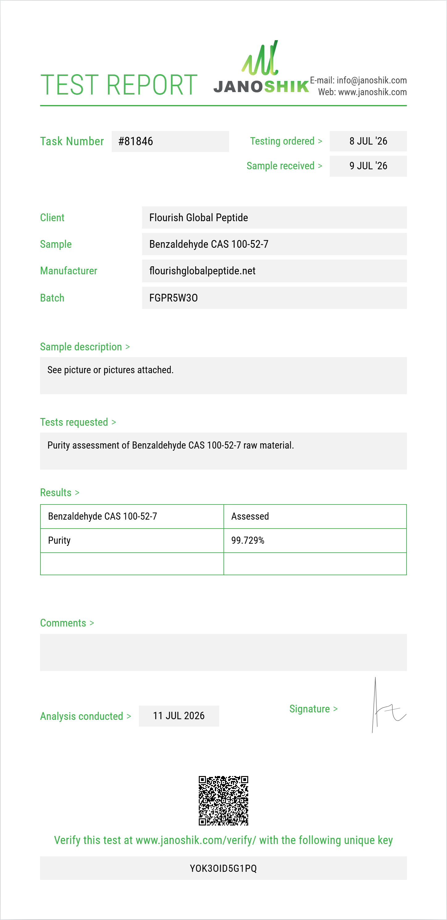 Benzaldehyde CAS 100-52-7 Purity (HPLC) report by Janoshik Analytical