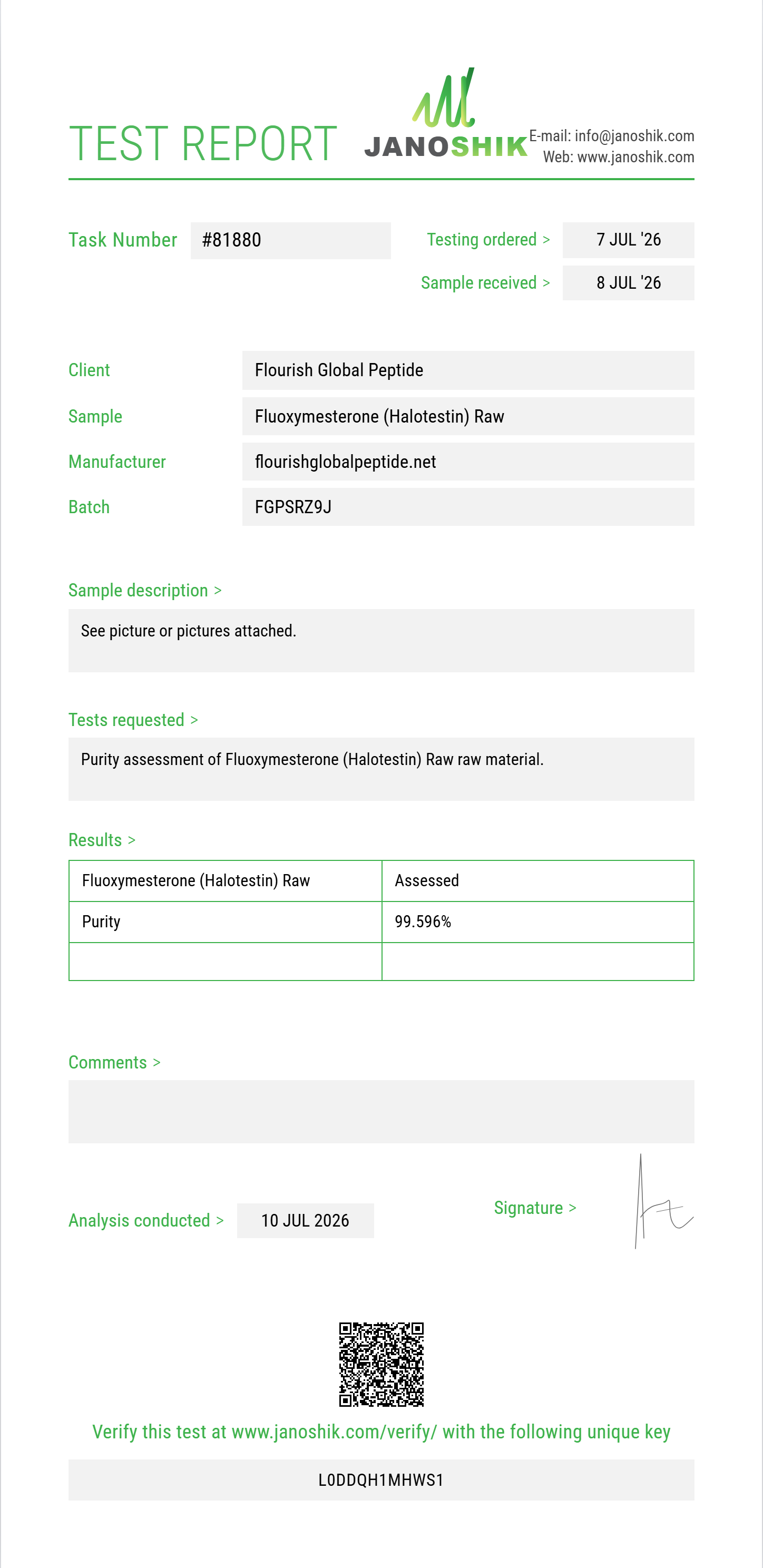 Fluoxymesterone (Halotestin) Raw Purity (HPLC) report by Janoshik Analytical