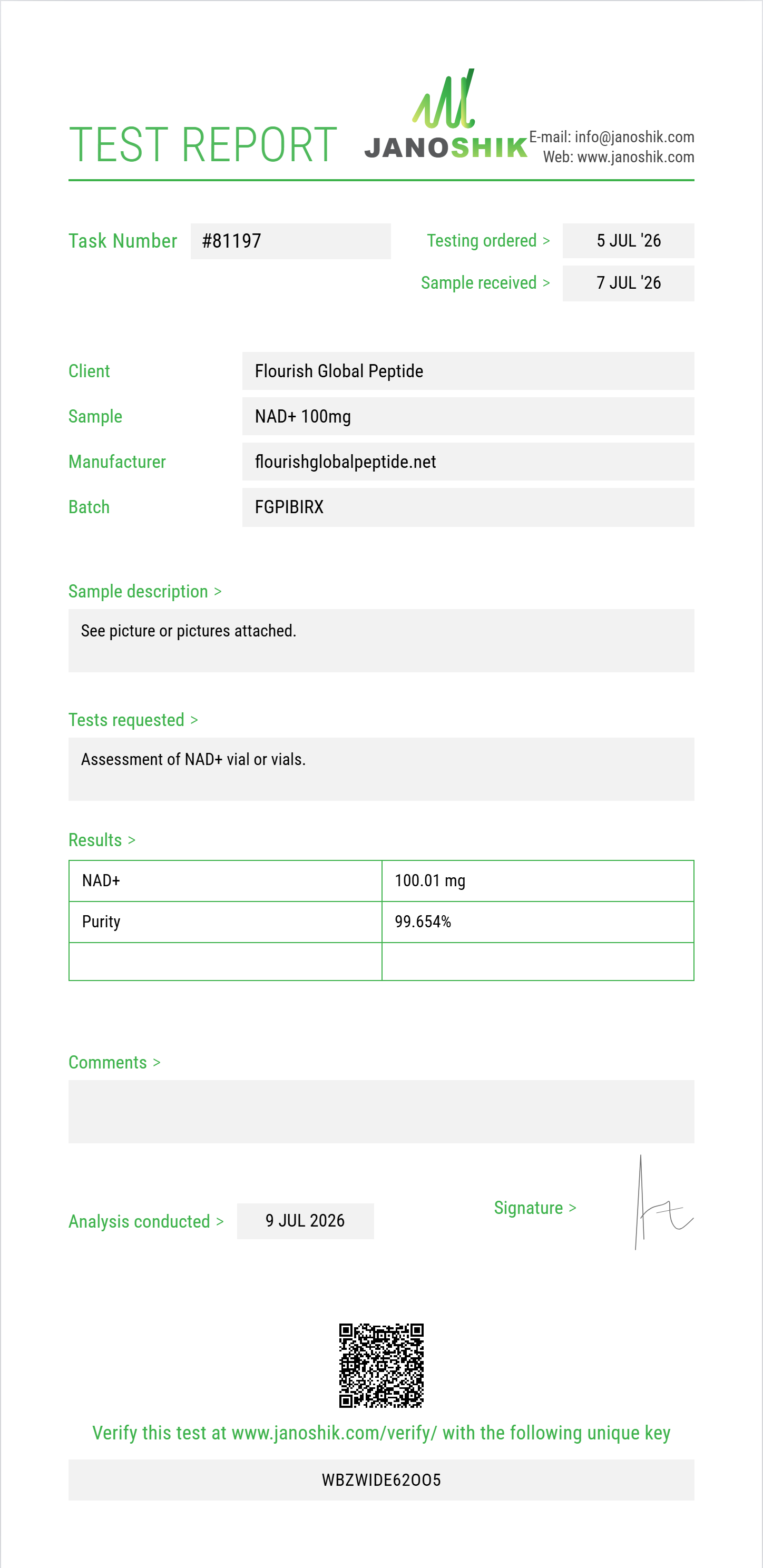 NAD+ Purity (HPLC) report by Janoshik Analytical