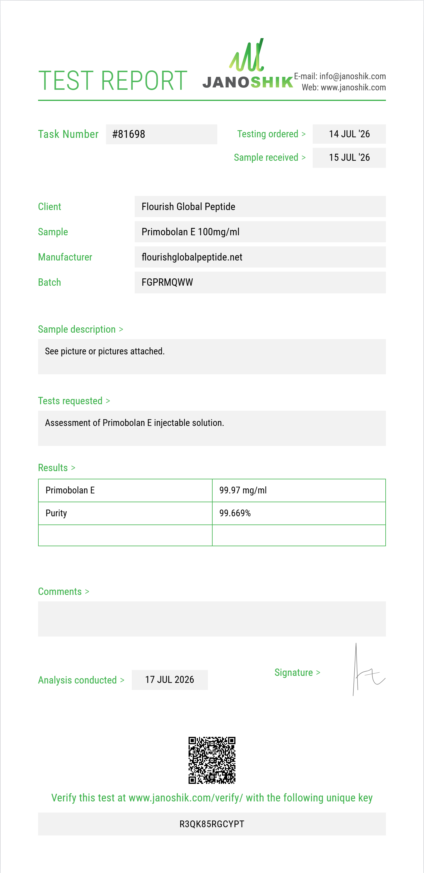 Primobolan E Purity (HPLC) report by Janoshik Analytical