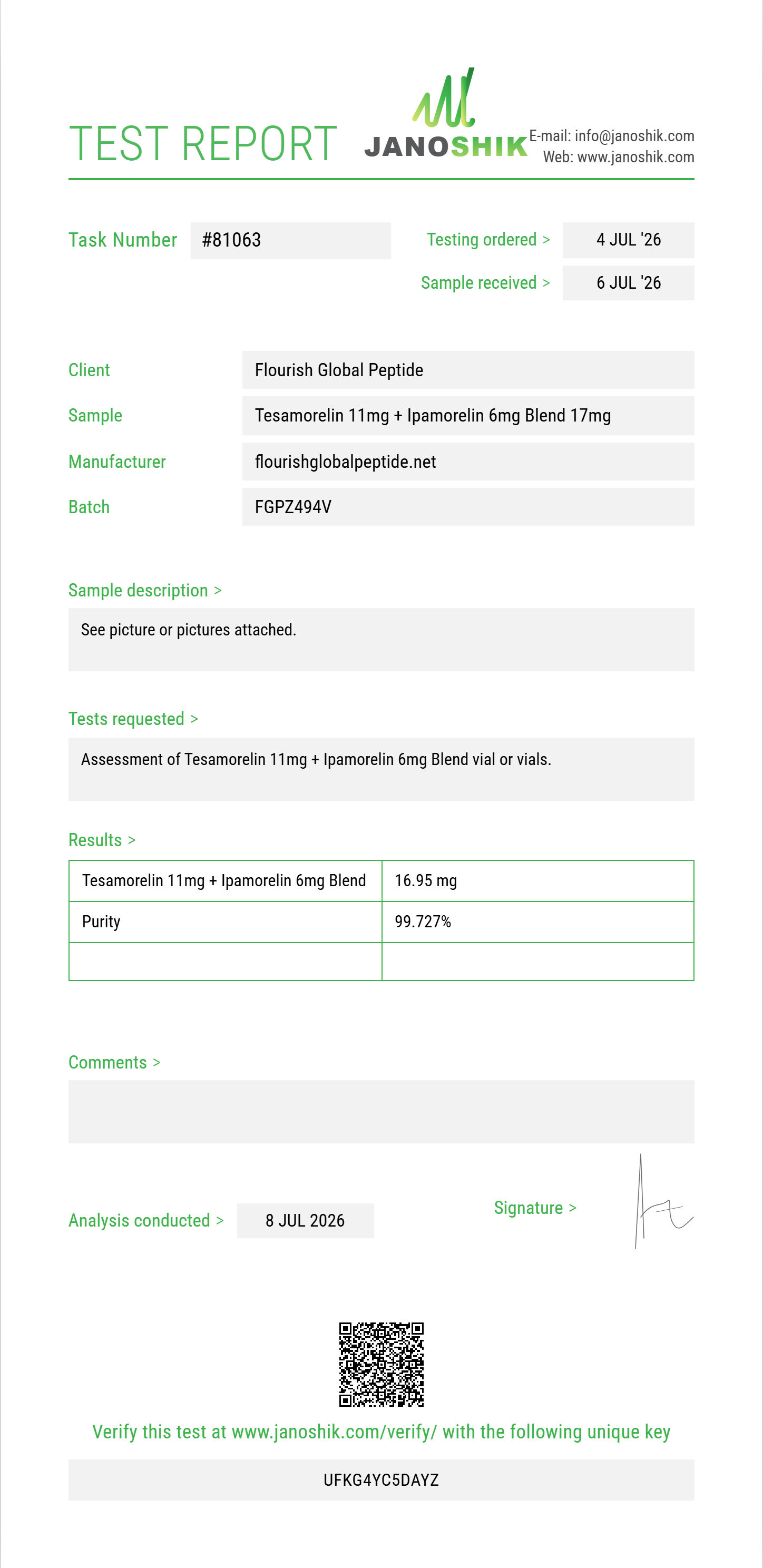Tesamorelin 11mg + Ipamorelin 6mg Blend Purity (HPLC) report by Janoshik Analytical