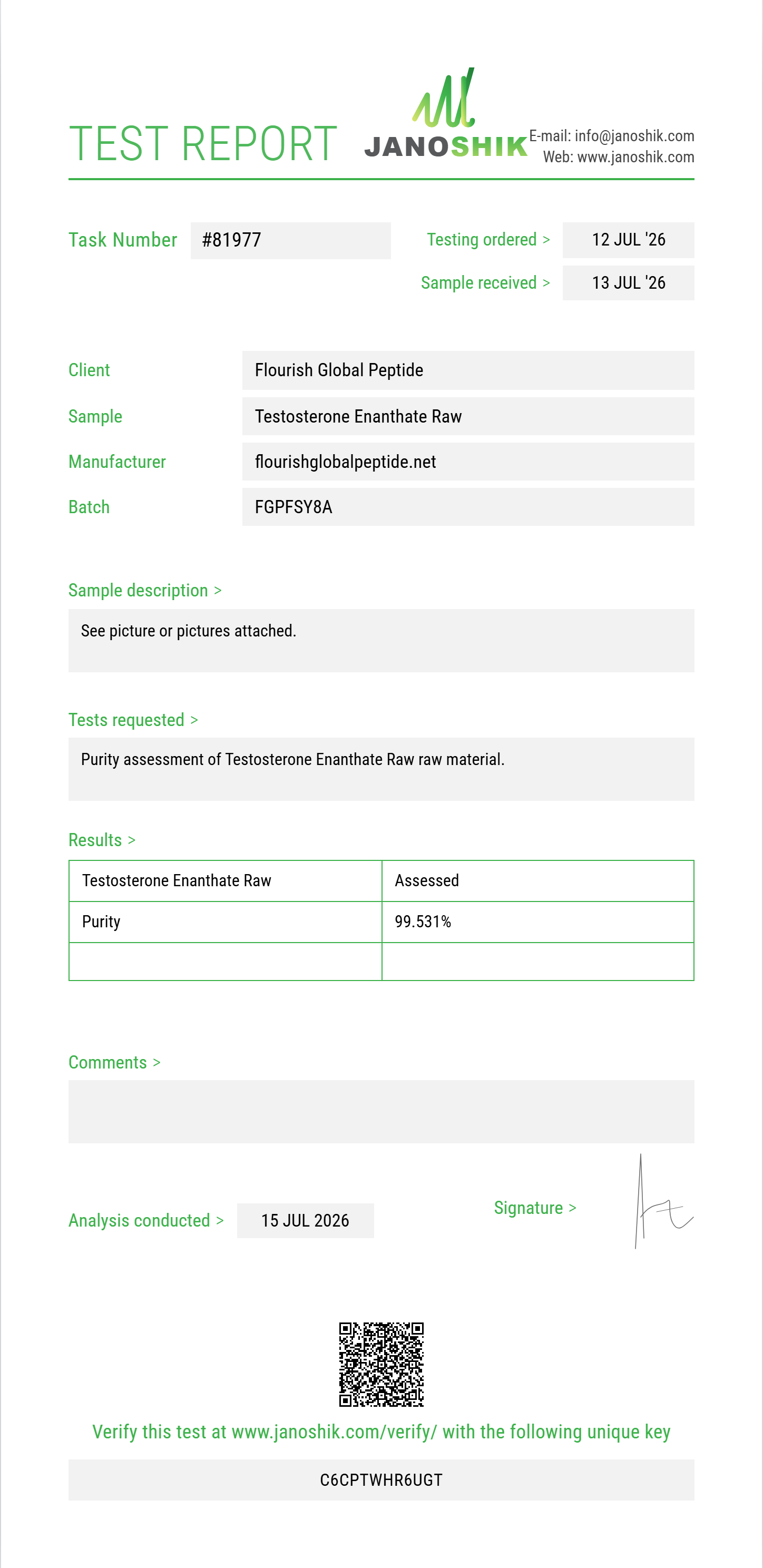 Testosterone Enanthate Raw Purity (HPLC) report by Janoshik Analytical