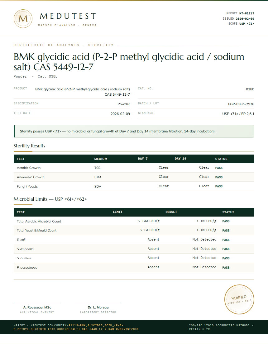 BMK glycidic acid (P-2-P methyl glycidic acid / sodium salt) CAS 5449-12-7 Sterility report by Medutest