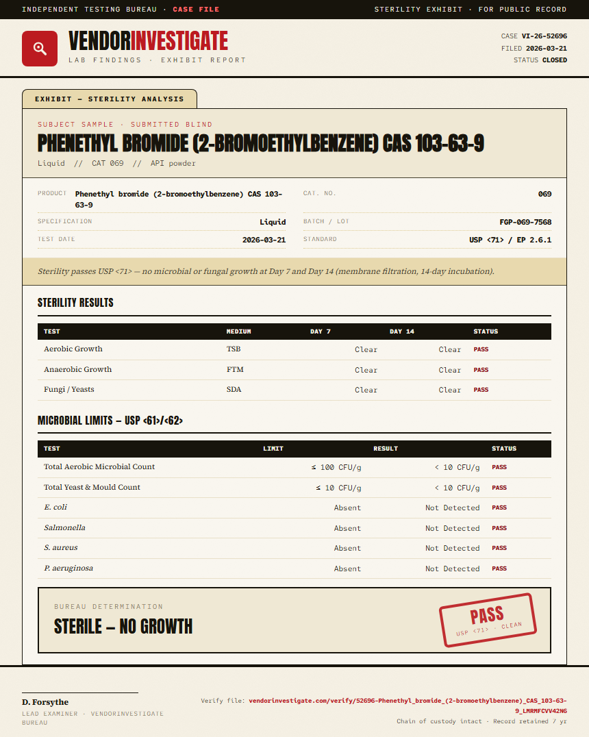 Phenethyl bromide (2-bromoethylbenzene) CAS 103-63-9 Sterility report by VendorInvestigate